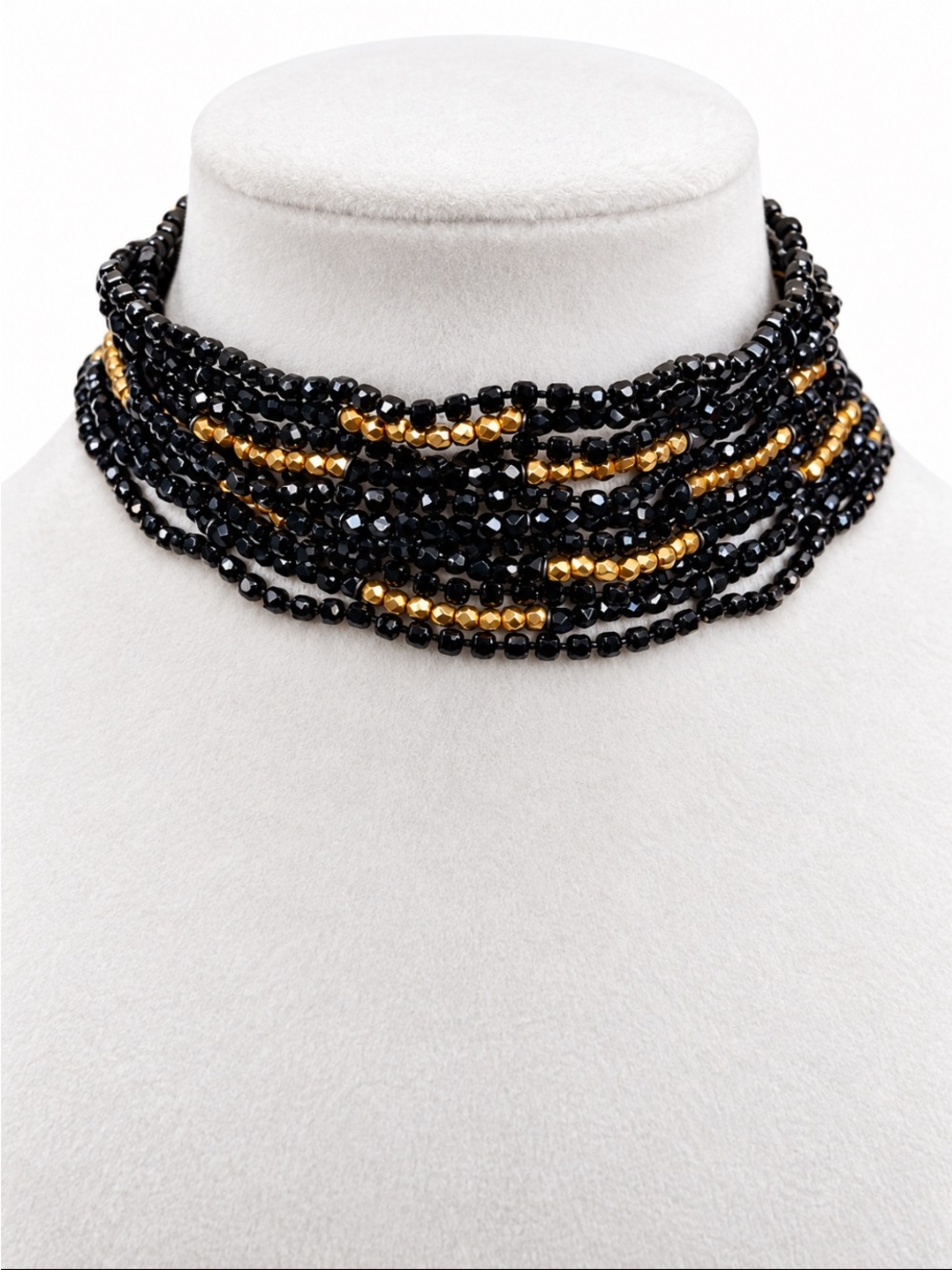Black & Gold Tone Faceted Bead Multi-Strand Statement Choker Necklace